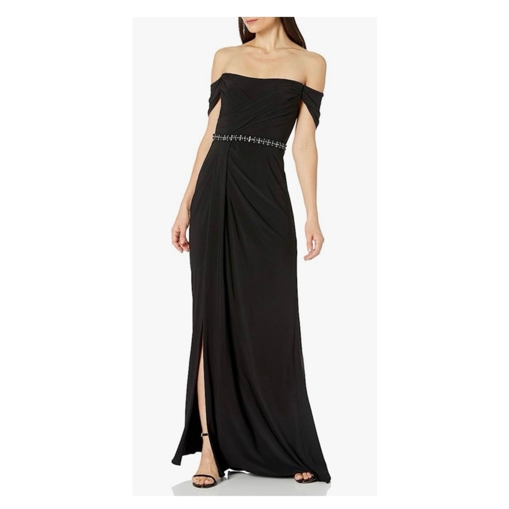 Adriana Papell off the shoulder embellished black gown size 4